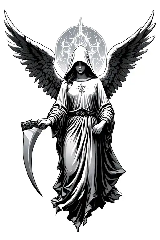 an angel with outstretched wings. has a hooded or veiled face, evoking mystery and solemnity. holding a scythe  tattoo design idea