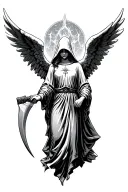 an angel with outstretched wings. has a hooded or veiled face, evoking mystery and solemnity. holding a scythe  tattoo design idea