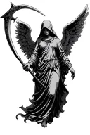 an angel with outstretched wings. has a hooded or veiled face, evoking mystery and solemnity. holding a scythe  tattoo design idea