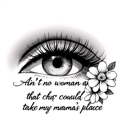 girls eye with eyelashes. with flowers. and Ain't no woman alive that could take my mama's place written in cursive.  tattoo design idea