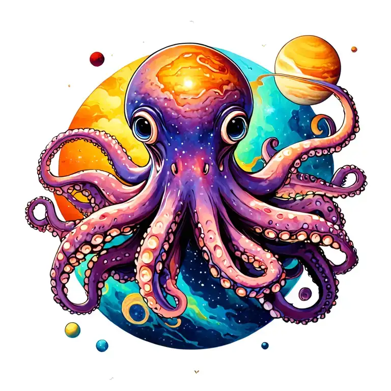 galaxy octopus eating planets orbiting tattoo design idea