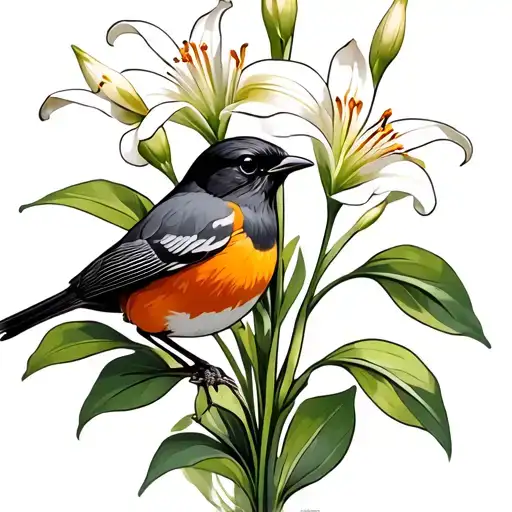 Madonna Lily flower growing amidst American robin bird tattoo design idea