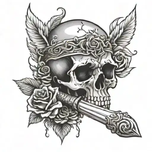 skull with a knife on eye and roses on fire rising  tattoo design idea