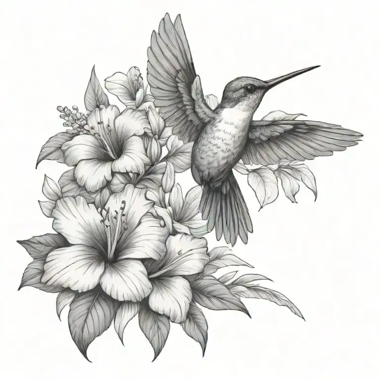 hummingbird with hibiscus and tropical leaves tattoo design idea
