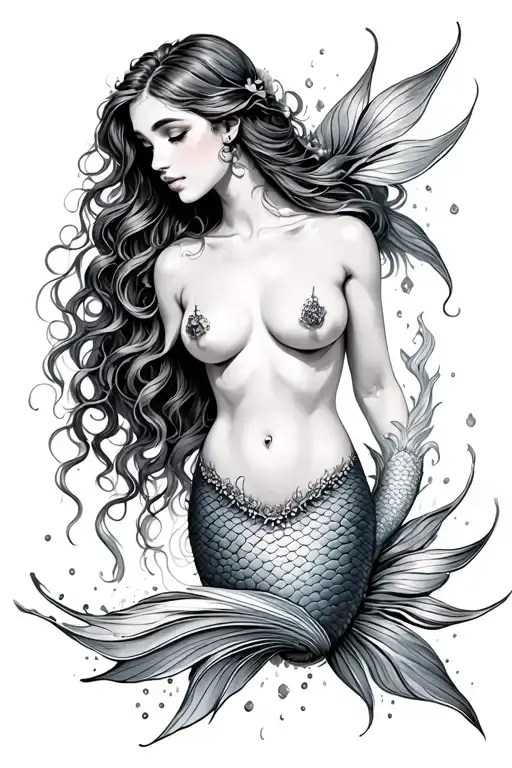 beautiful topless mermaid tattoo design idea