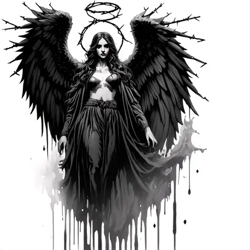 bleeding black angel wings with a halo made of barbed wire above it tattoo design idea