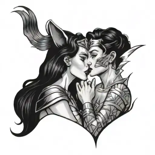 wonder woman and cat woman kissing each other on the lips passionately  tattoo design idea