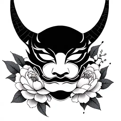 japanese oni mask with peonies flower tattoo tattoo design idea