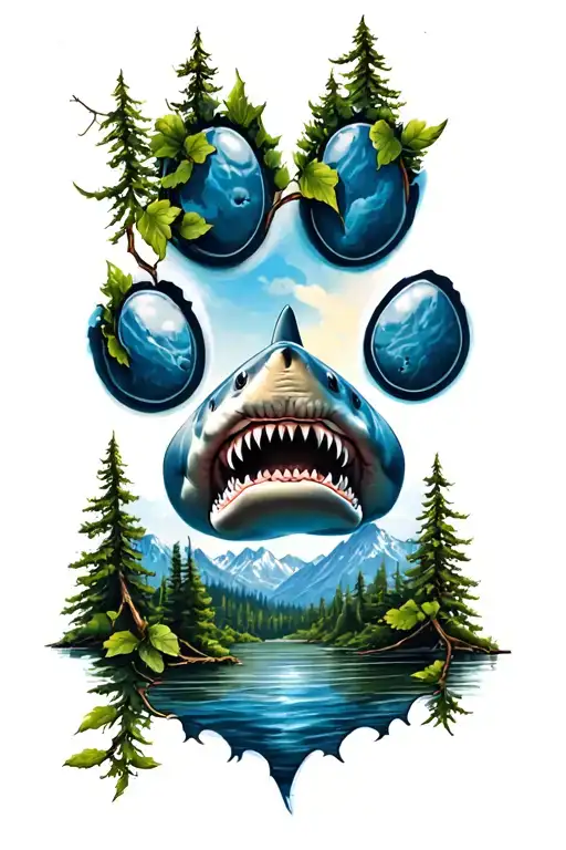 small dog paw, vines, outdoors mountains trees, shark tattoo design idea