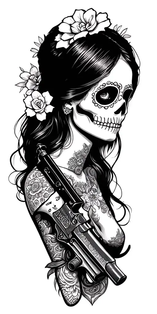guns girl day of the dead tattoo design idea