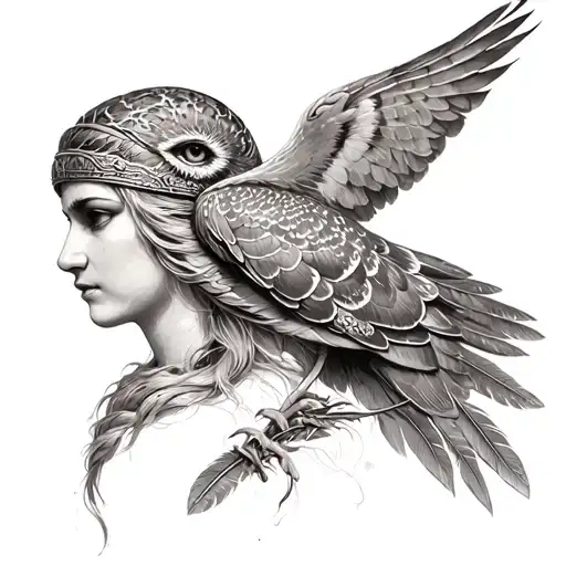 goddess athena with owl amd feathers    tattoo design idea
