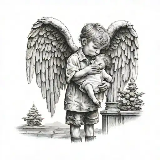 little boy holding angels hand looking out into the gates of heaven   tattoo design idea