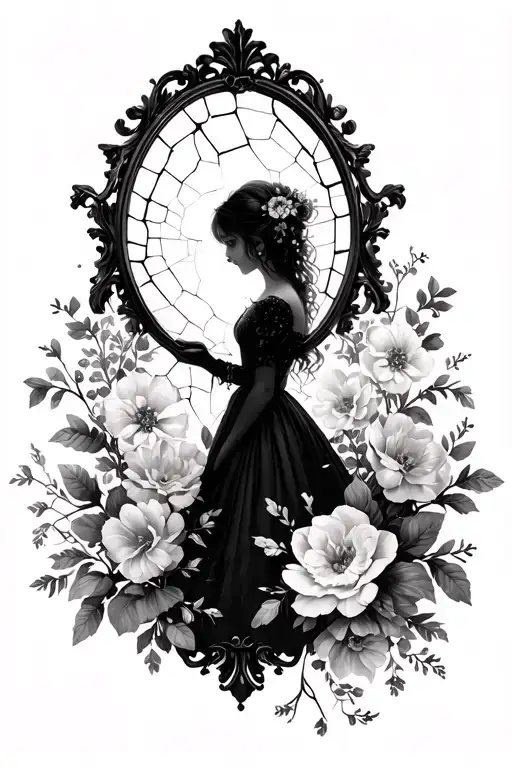 beautiful baroque mirror + little girl silhouette + cracked mirror + gothic + feminine + flowers  tattoo design idea