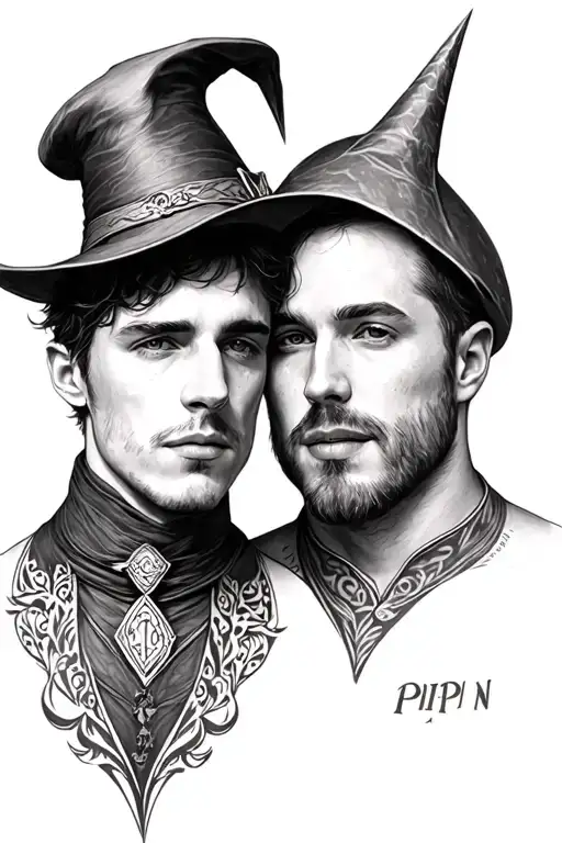 A realistic tattoo of two men: Pipin (very small fetish man with a small pointed hat inspired by Robin D tattoo design idea