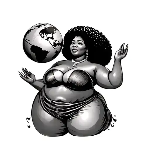 chubby african pin up girl with afro holding the world standing up  tattoo design idea