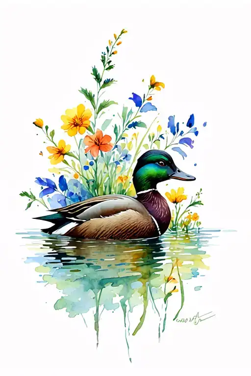mallard duck and wild flowers tattoo design idea