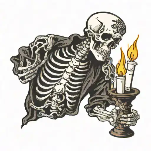 Skeleton holding candle burning tattoo design idea