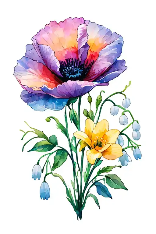 floral bouquet tattoo with a poppy, snowdrop, lily of the valley, peony, daffodil and morning glory tattoo design idea