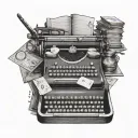 navy plane flying, office typewriter, glasses on desk, cards tattoo design idea