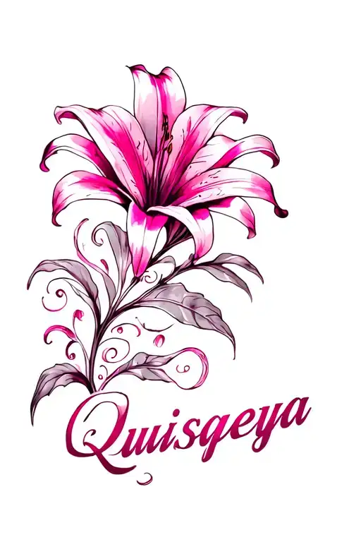 Brushstroke style magenta ink tropical lily flower with swirls and vines and the word "Quisqueya" along vines in script tattoo design idea