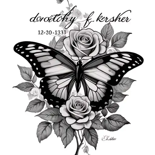 "dorothy f kersher 12-02-1931" butterfly with roses tattoo design idea