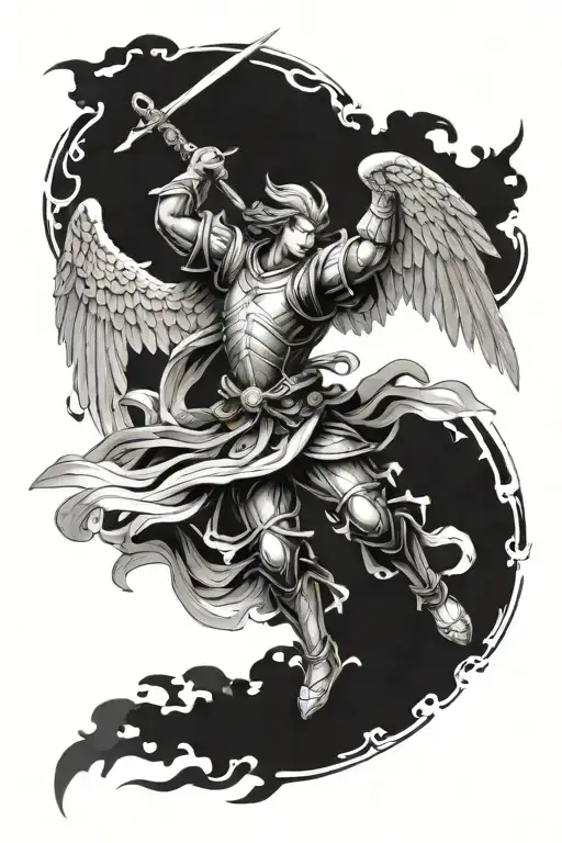 archangel michael with a background of traditional japanese culture, it has to be stretched with no corners nor edges tattoo design idea