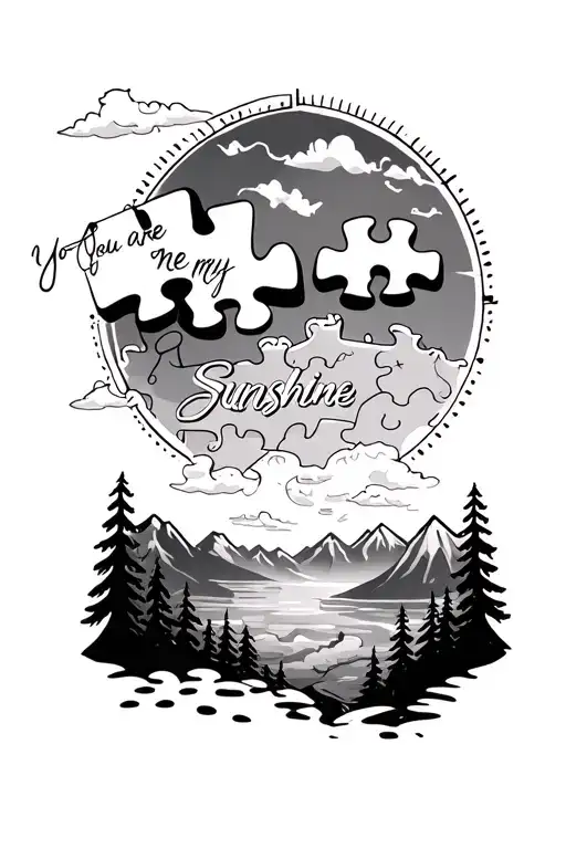 Create a tattoo with a puzzle piece, you are my sunshine, and a map and some mountains tattoo design idea