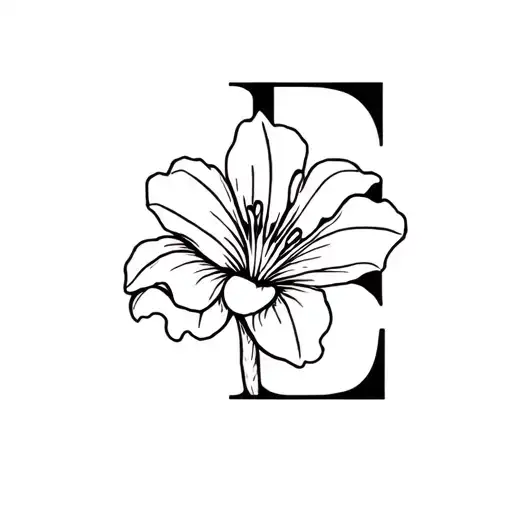 tropical flower with letter E in cursive tattoo design idea