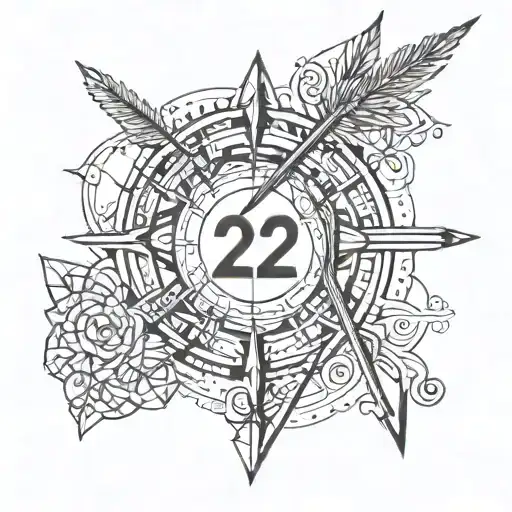 Bow and arrow with the words "anyway" in mirror writing and the numbers "222" inside tattoo design idea