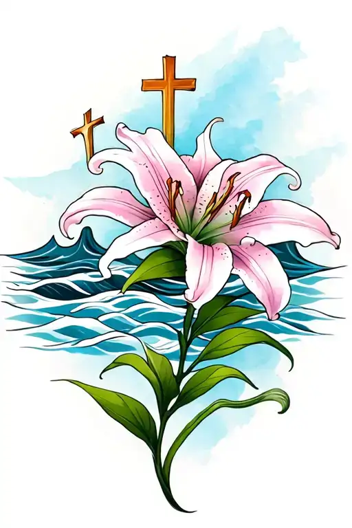 waves, stargazer lily, cross incorporated representing tattoo design idea