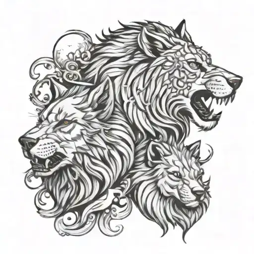 wolf and lion half tattoo design idea