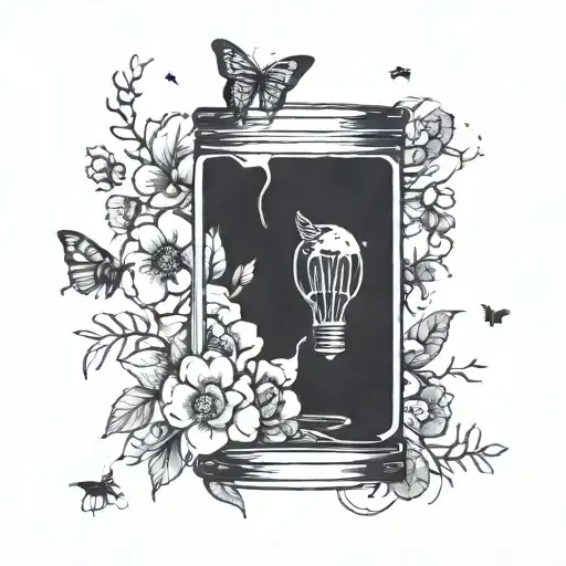 can you create an image of a tattoo that is an upside down broken lightbulb with flowers inside and moths flying around tattoo design idea