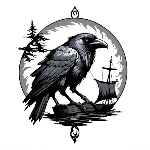Raven, norse symbol, trees, Odin, Viking ship  tattoo design idea
