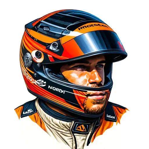 Realistic full leg color tattoo of Lando Norris in portrait style, with his racing helmet, McLaren car and tattoo design idea