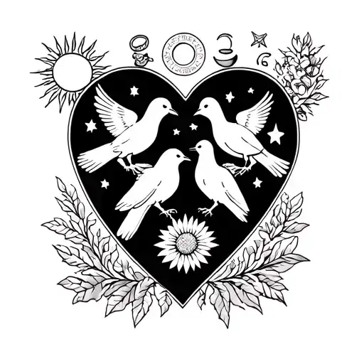 Heart over mountains, Tyrolean coat of arms, two white pigeons, wedding rings, Edelweiss, stars, sun, moon tattoo design idea