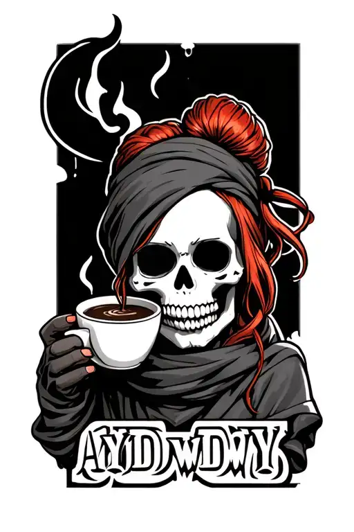 "AIYDIWDWY" sugar skull skelaton with red hair in a bun and hair scarf holding a cup of coffee with steam in the shape of KOP tattoo design idea