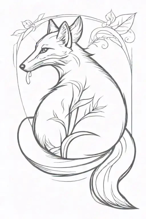 fox with a bent back in a playful position with a large tail tattoo design idea