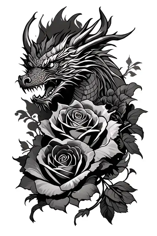 roses with a samurai and a dragon tattoo design idea