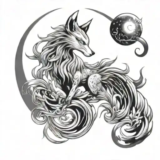 Phoenix and the nine tailed fox and moon tattoo design idea