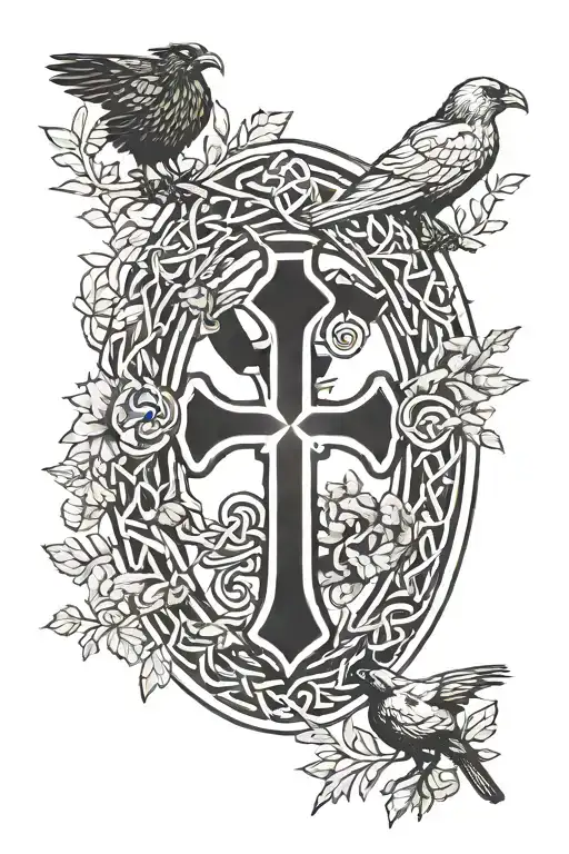 Rooker Family Crest with a celtic cross in a circle as a shield surrounded by cedar trees with  6 Crows tattoo design idea