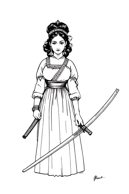 simple tattoo design of cute polish woman in traditional polish clothes with katana in hand tattoo design idea