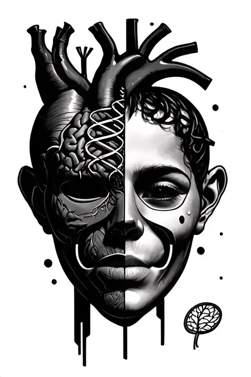 Brain, DNA, heart, half mask half real face, overthinking/growing tattoo tattoo design idea