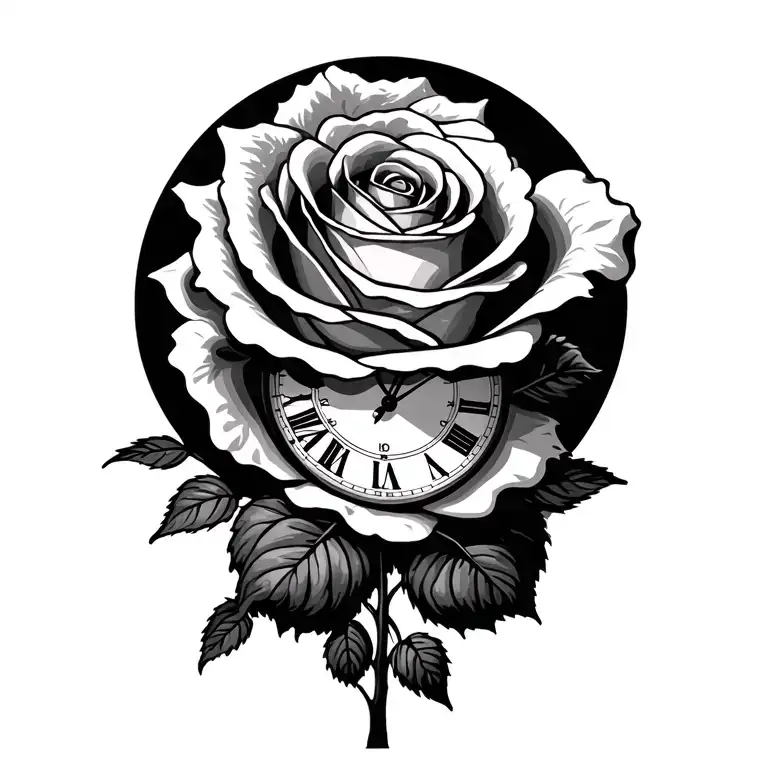 clock and rose growing tattoo design idea