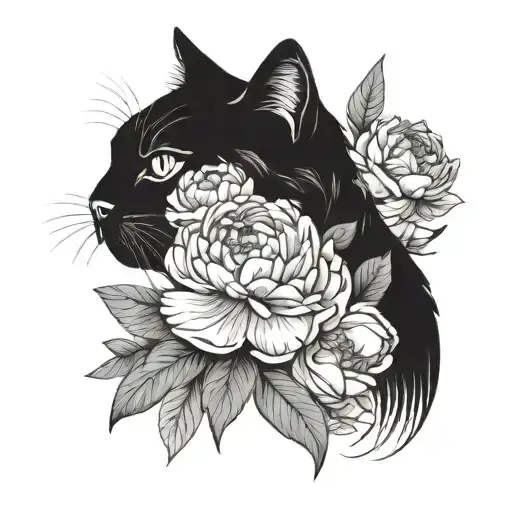 cat with peonies minimalist tattoo design idea