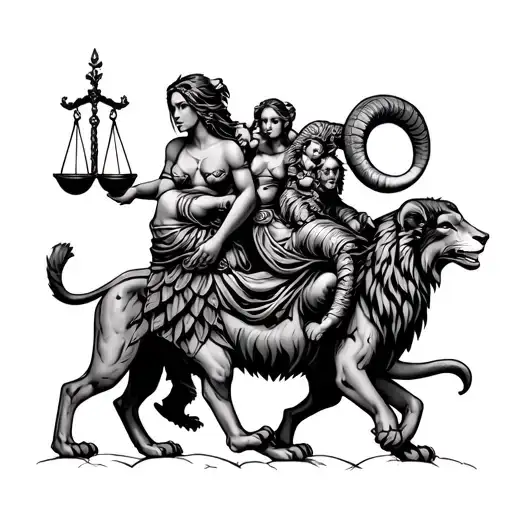 A lion carrying a lady Scorpion, and twins, walking with a ram carrying scales of justice. tattoo design idea