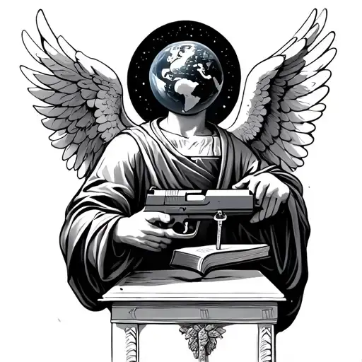 Angel holding the key to life with a Glock 19 in his left hand and a bible with the globe hovering over it at an alter tattoo design idea