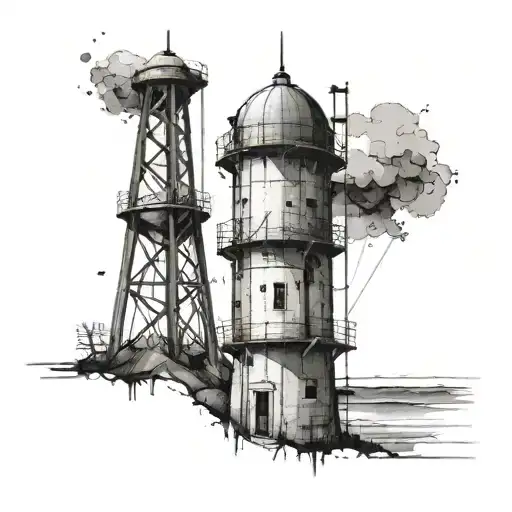 Design a small, minimalistic spine tattoo featuring a weathered, industrial-style water tower positioned at the top cent tattoo design idea