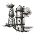 Design a small, minimalistic spine tattoo featuring a weathered, industrial-style water tower positioned at the top cent tattoo design idea