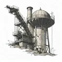 Design a small, minimalistic spine tattoo featuring a weathered, industrial-style water tower positioned at the top cent tattoo design idea