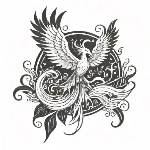 A phoenix rising from the ocean waves, surrounded by musical notes and butterflies tattoo design idea